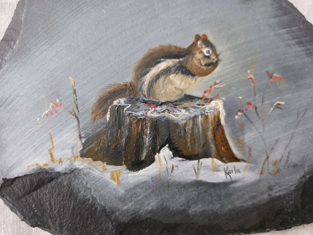 Squirrel Vtg Signed Painting Hand Painted Art Slate Stone Slab Cottage Snow